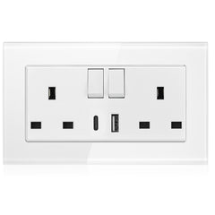 13A 2-Gang Switched Socket with 2 Outlet USB Type A & Type C - Tempered Glass - Silver Bezel