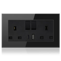 13A 2-Gang Switched Socket with 2 Outlet USB Type A & Type C - Tempered Glass - Black