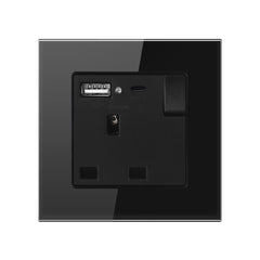 13A 1-Gang Switched Socket with USB Type A & Type C Ports - Tempered Glass - Black