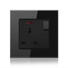 13A 1-Gang Switched Socket - Tempered Glass - Black