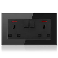 13A 2-Gang Switched Socket - Tempered Glass - Black