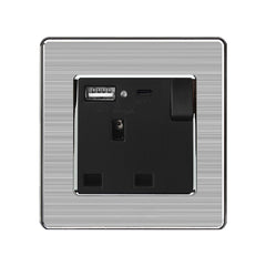 13A 1-Gang Switched Socket with USB Type A & Type C Ports - Stainless Steel Brushed / Black