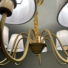 Aurelia Octa – 8-Way Brushed Gold Chandelier with Beige Fabric Shades