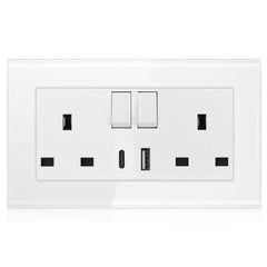 13A 2-Gang Switched Socket with 2 Outlet USB Type A & Type C - Tempered Glass