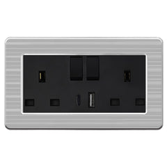 13A 2-Gang Double UK Socket USB-A USB-C Fast Charger Stainless Steel Brushed / Black