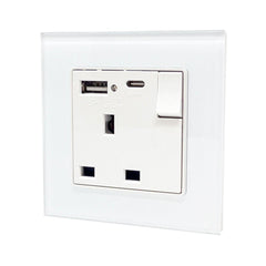 13A 1-Gang Switched Socket with USB Type A & Type C Ports - Tempered Glass