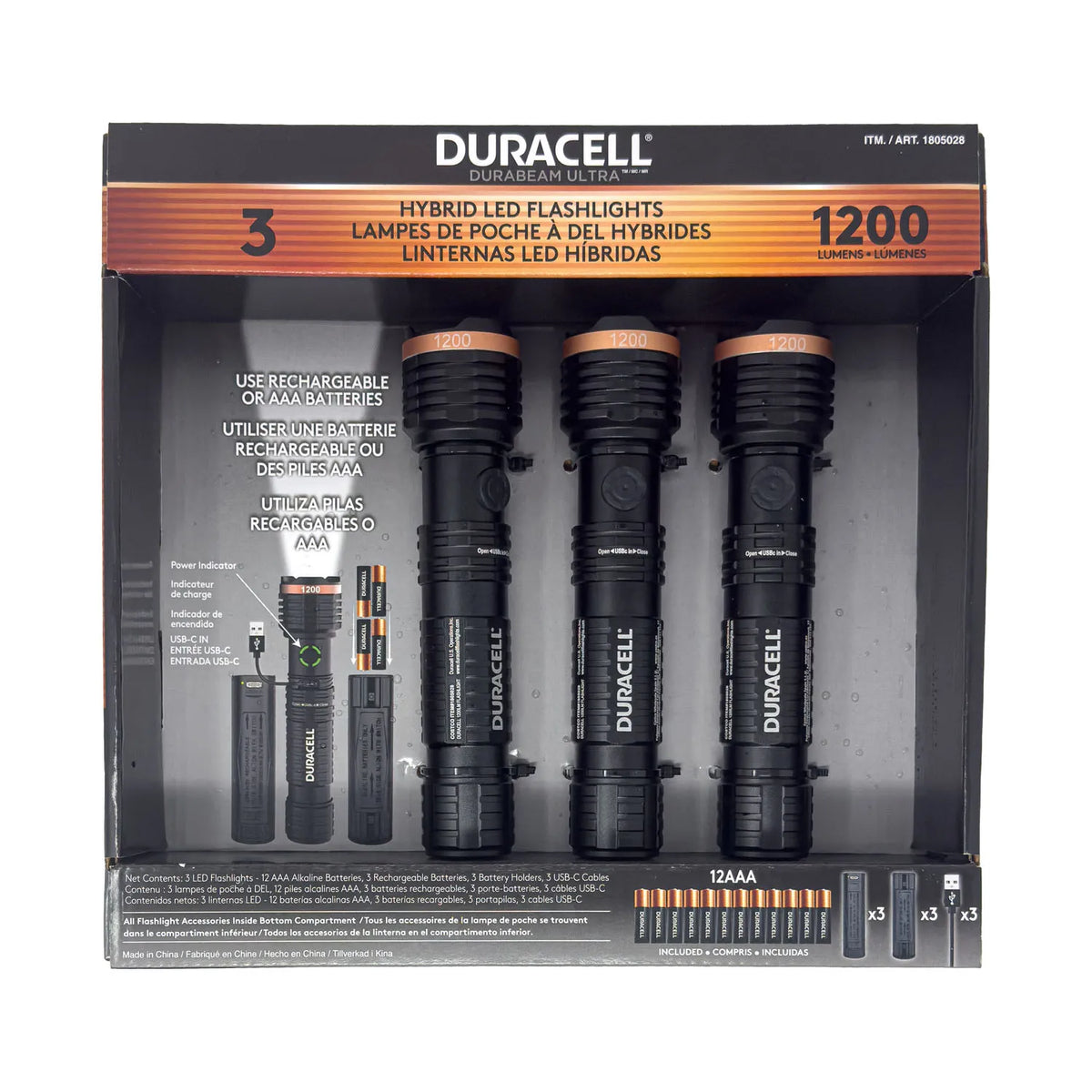 Duracell LED Hybrid Torch - 3 Pack - 1200 Lumens - Aluminium - Batteries Included