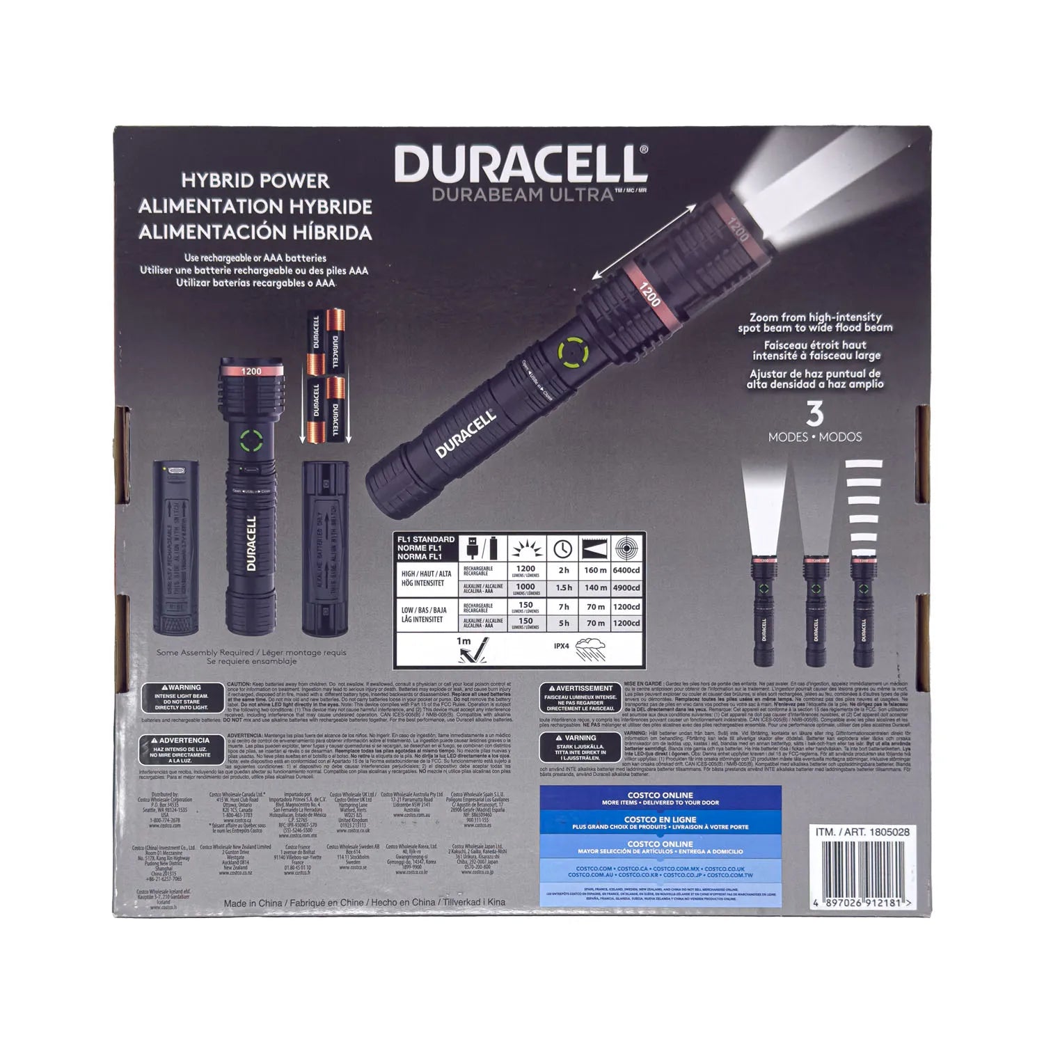 Duracell LED Hybrid Torch - 3 Pack - 1200 Lumens - Aluminium - Batteries Included