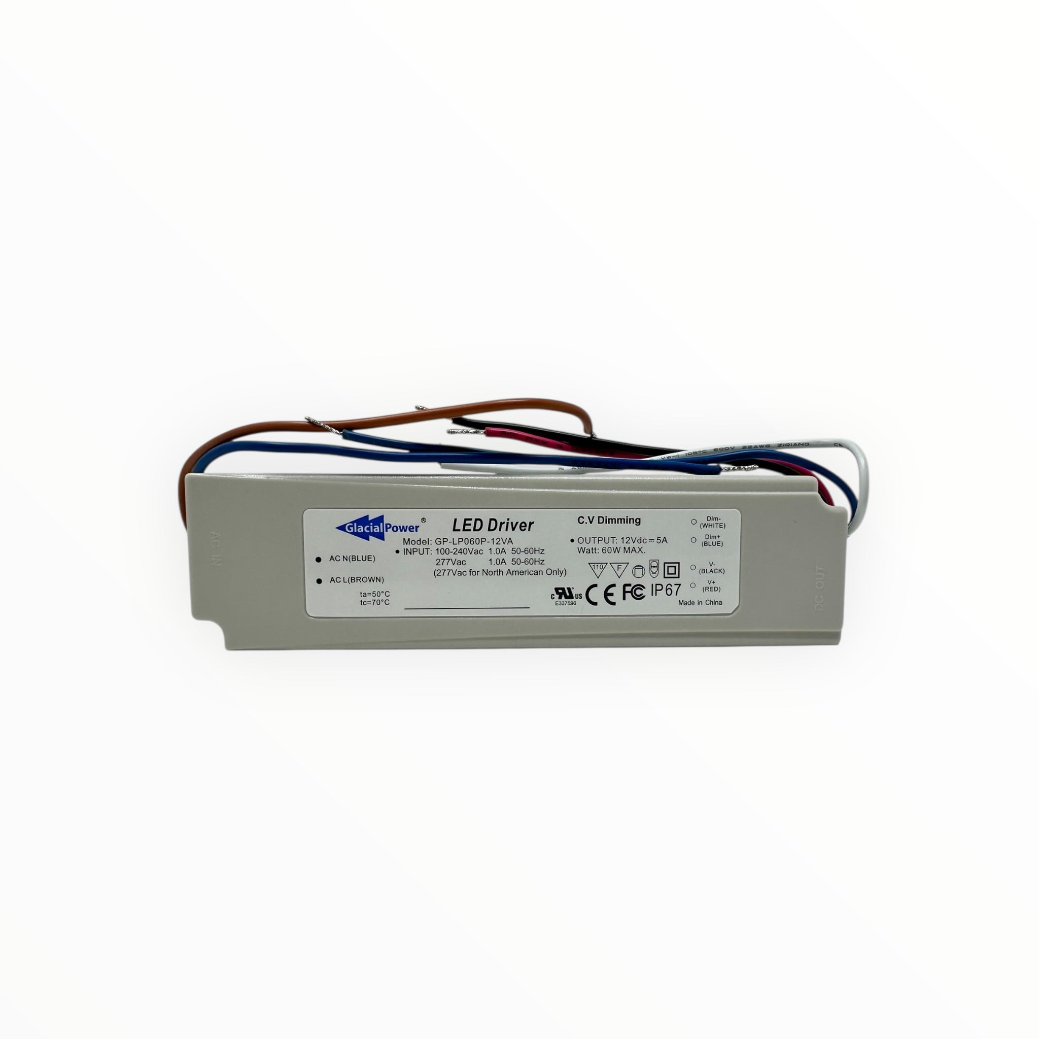 GlacialPower IP67 Waterproof 12V 60W LED Strip Driver 1-10V Dimmable CV
