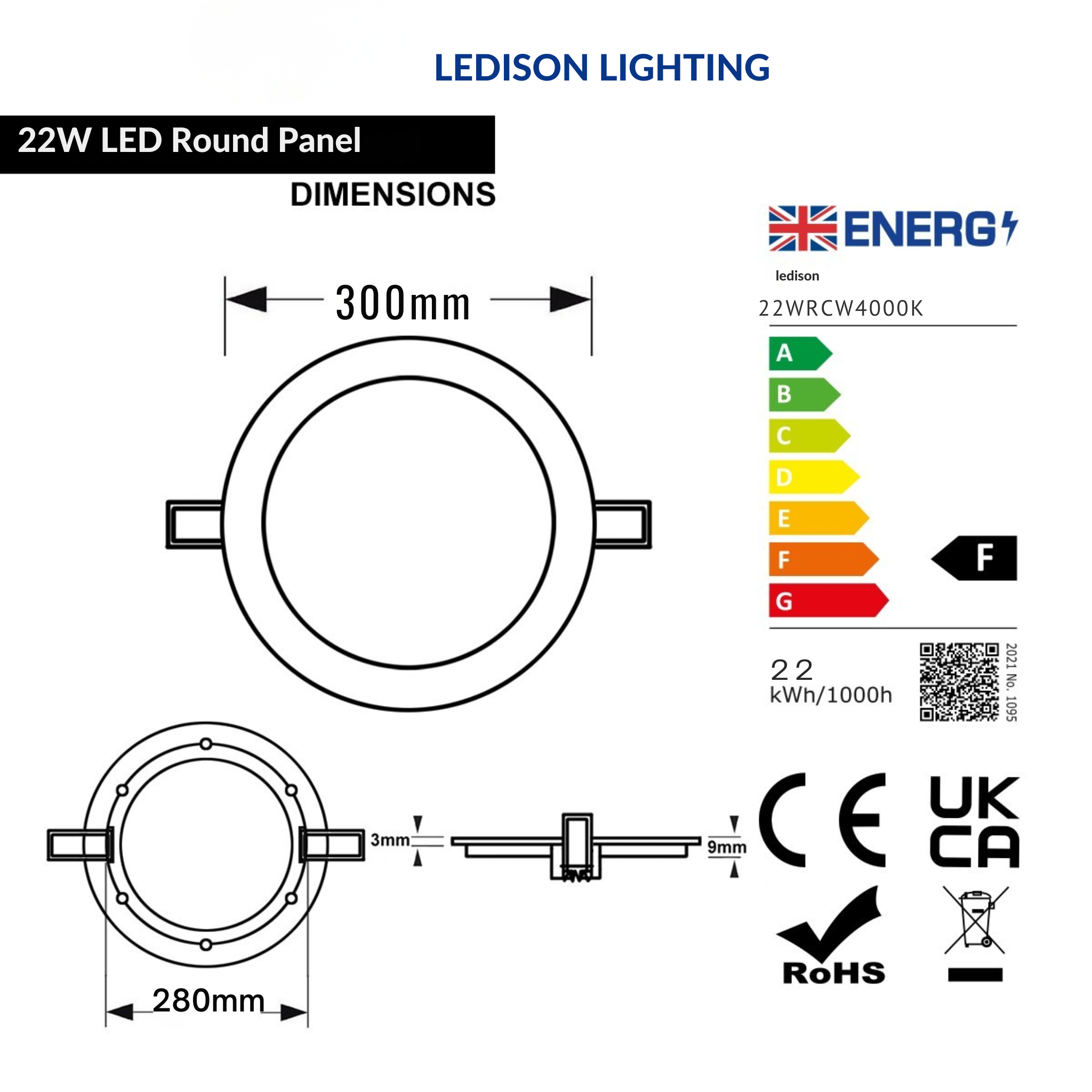 22W LED Round Recessed Ceiling Panel Light 4000K Dimmable