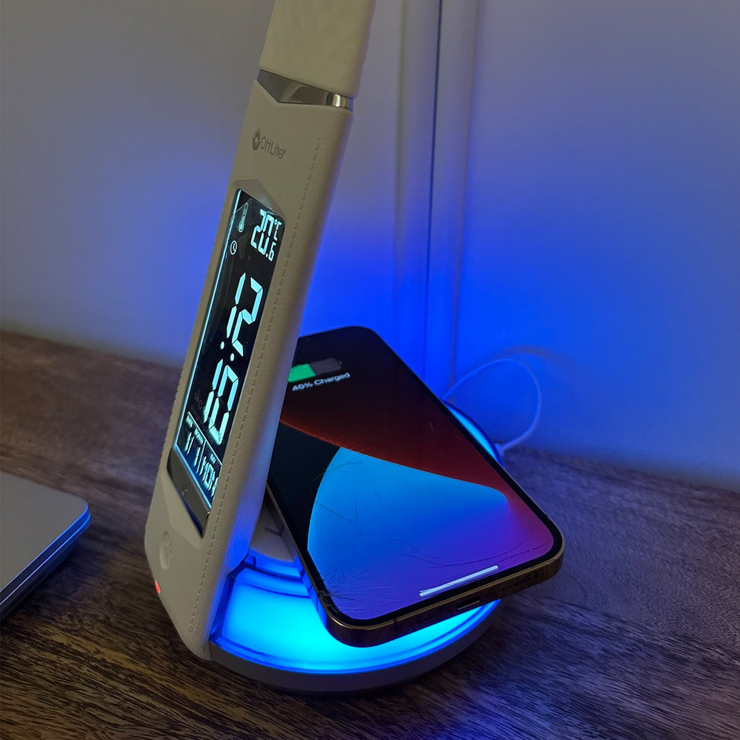 OttLite Wellness LED Desk Lamp Night Light Clock Thermometer & Wireless Charging Station Qi-enable