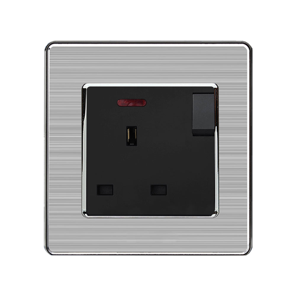 13A 1-Gang Switched Socket UK 230V - Stainless Steel Brushed / Black