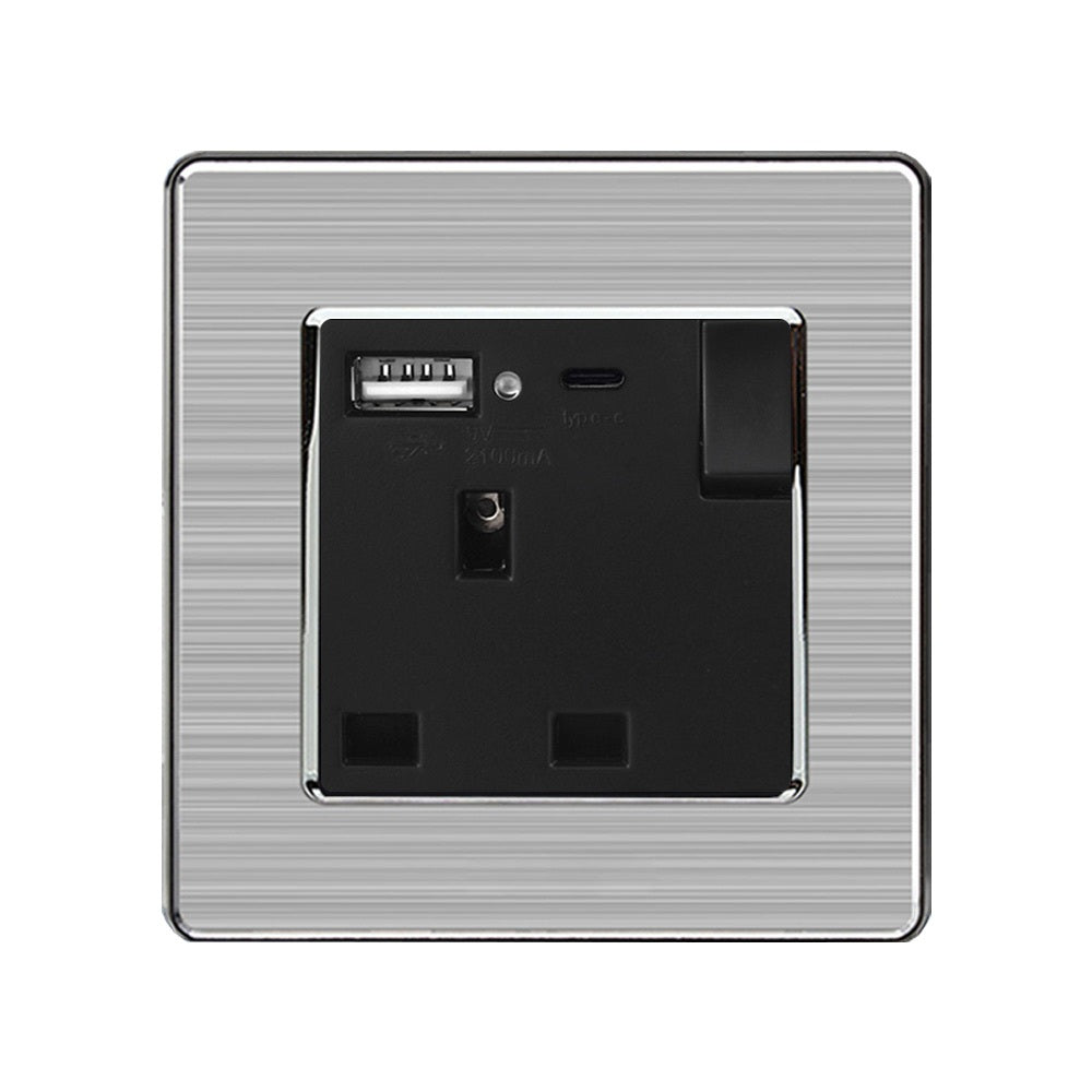 13A 1-Gang Switched Socket with USB Type A & Type C Ports -  Stainless Steel Brushed / Black