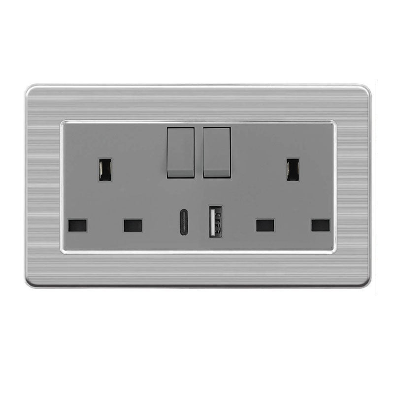 13A 2-Gang Double UK Socket USB-A USB-C Fast Charger  Stainless Steel Brushed