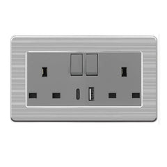 13A 2-Gang Double UK Socket USB-A USB-C Fast Charger  Stainless Steel Brushed