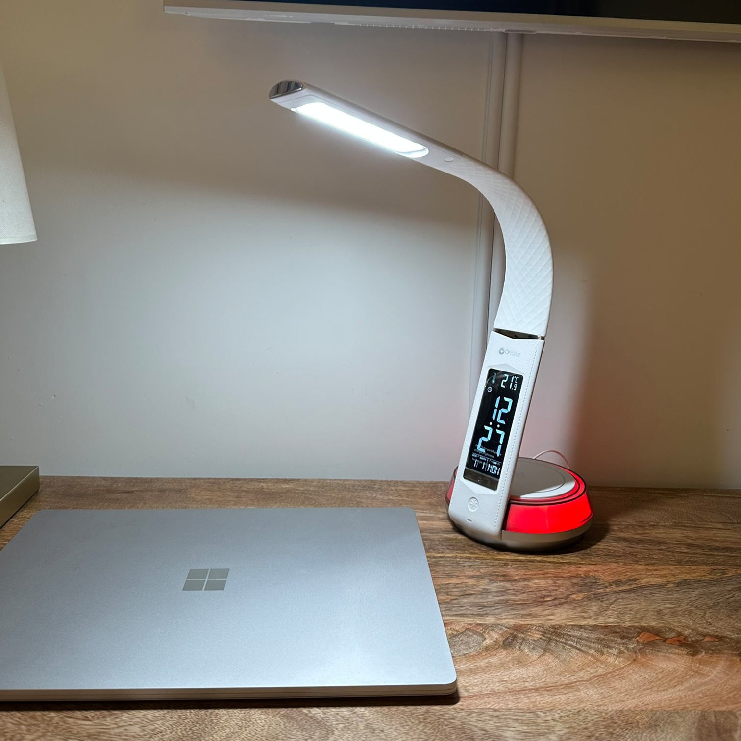 OttLite Wellness LED Desk Lamp Night Light Clock Thermometer & Wireless Charging Station Qi-enable