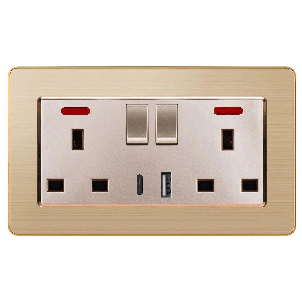 Brushed Gold Twin UK Socket with Fast USB-C & USB-A Charging Ports Luxury