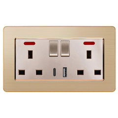 Brushed Gold Twin UK Socket with Fast USB-C & USB-A Charging Ports Luxury