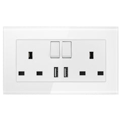 13A 2-Gang Switched Socket with 2 Outlet USB Type A - Tempered Glass