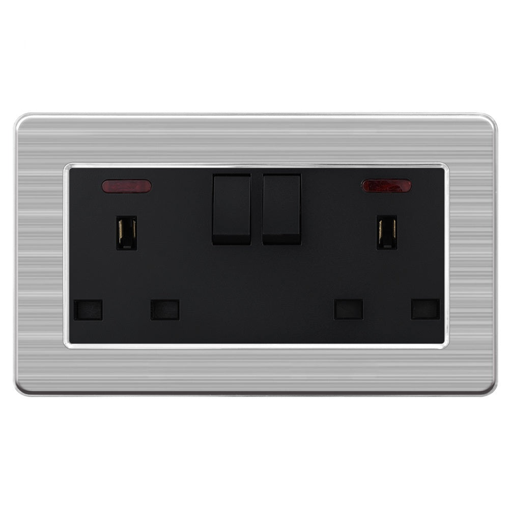 13A 2-Gang Switched Socket -  Stainless Steel Brushed / Black