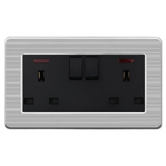 13A 2-Gang Switched Socket -  Stainless Steel Brushed / Black