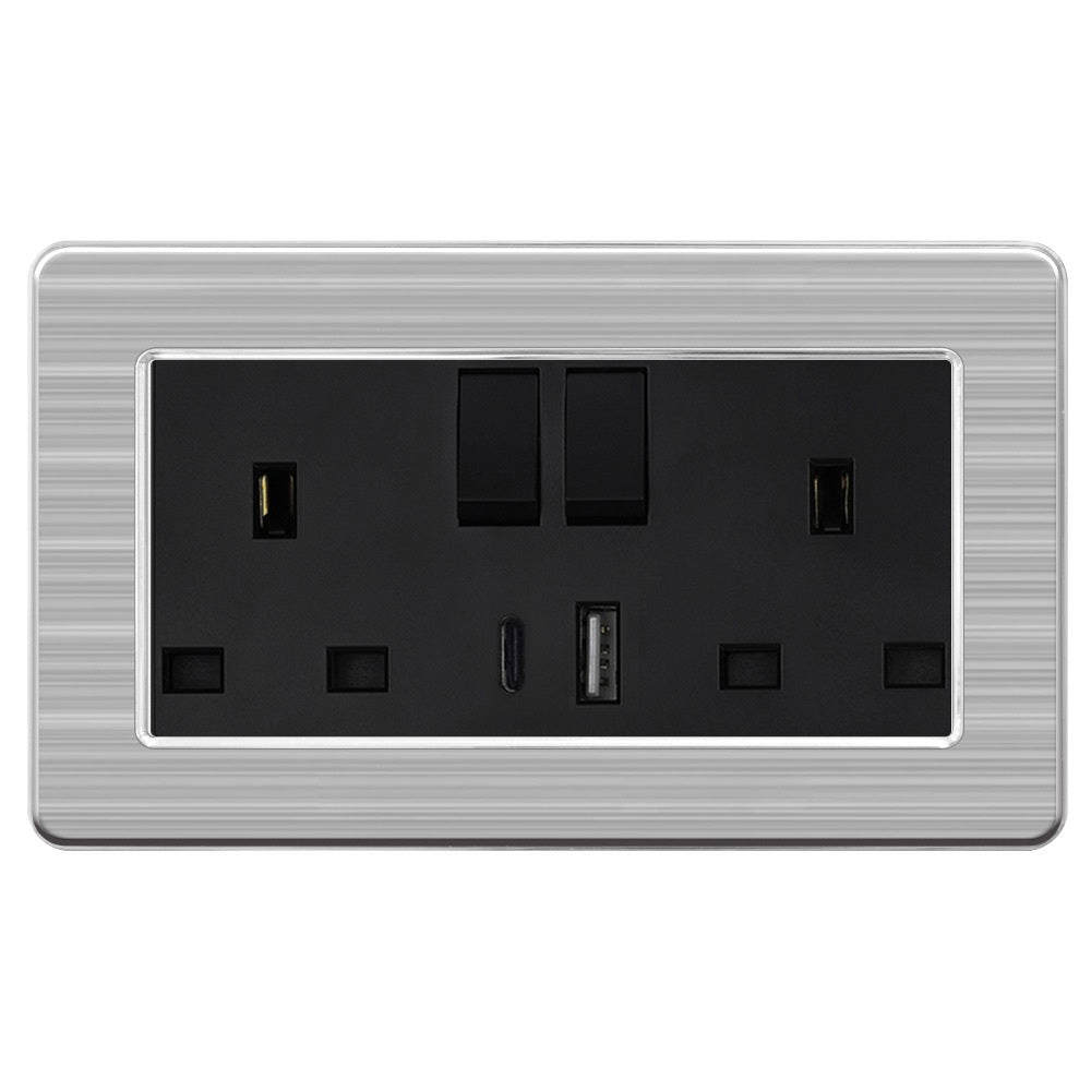 13A 2-Gang Double UK Socket USB-A USB-C Fast Charger  Stainless Steel Brushed / Black