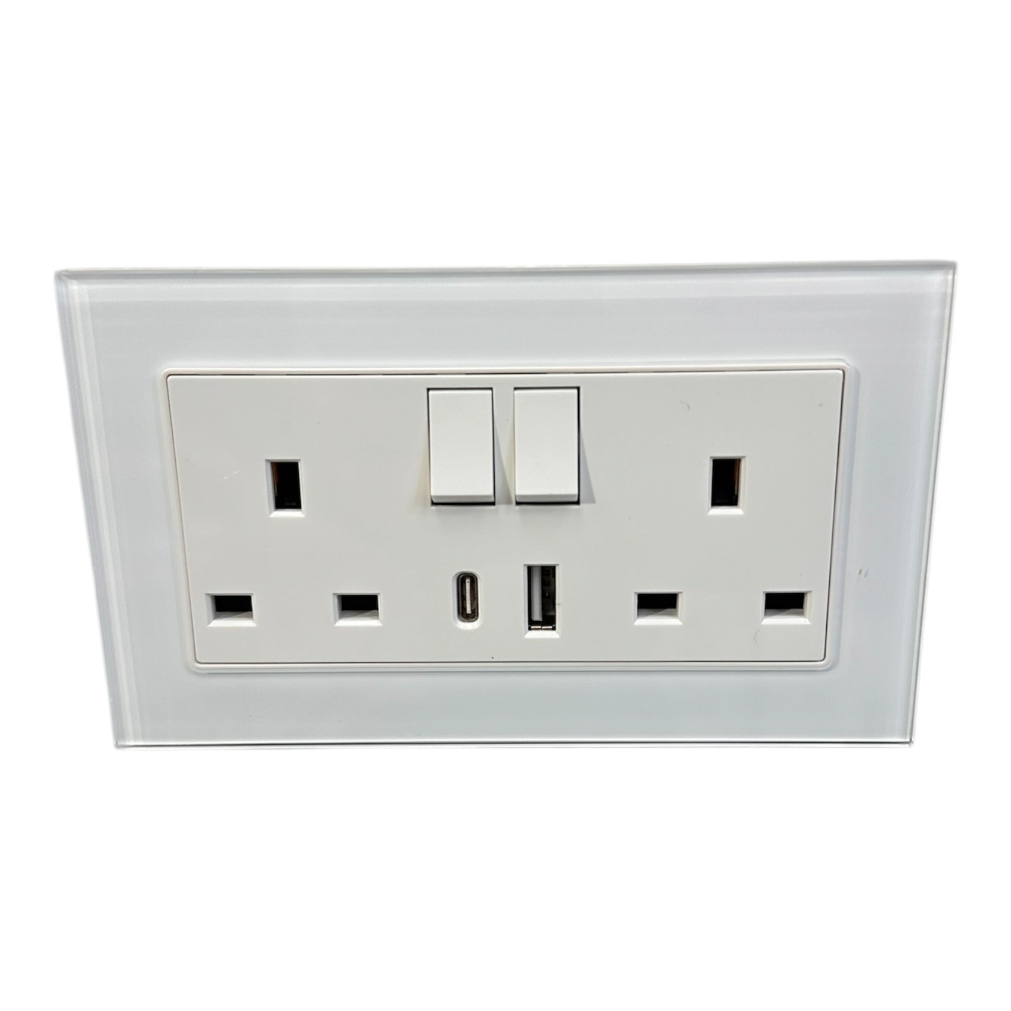 13A 2-Gang Switched Socket with 2 Outlet USB Type A & Type C - Tempered Glass