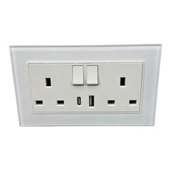13A 2-Gang Switched Socket with 2 Outlet USB Type A & Type C - Tempered Glass