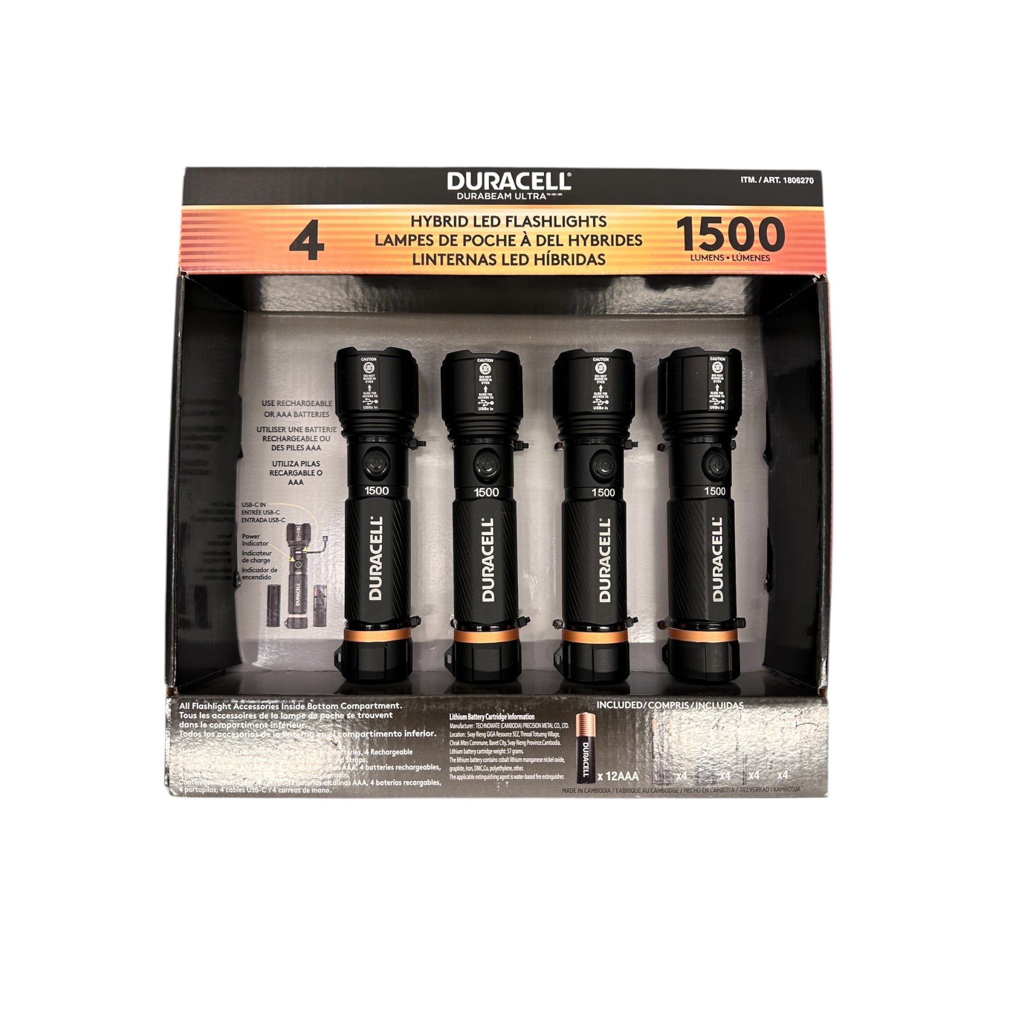Duracell LED Torch Durabeam - 4 Pack - 1500 Lumens - Aluminium - Batteries Included