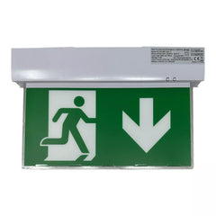 LED Emergency Exit Sign 6W White Trim Arrow Down - 3hr Battery Backup IP20