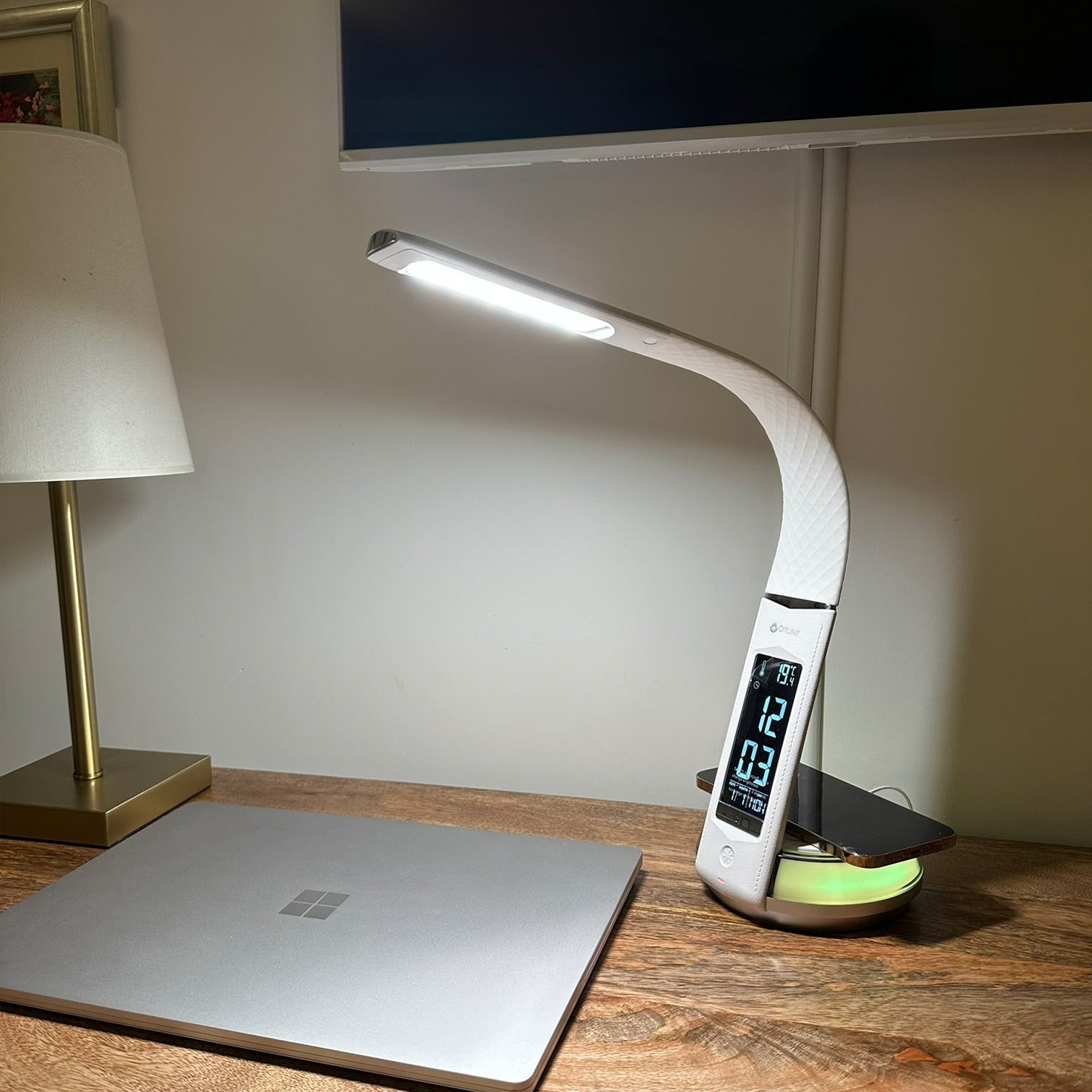 OttLite Wellness LED Desk Lamp Night Light Clock Thermometer & Wireless Charging Station Qi-enable