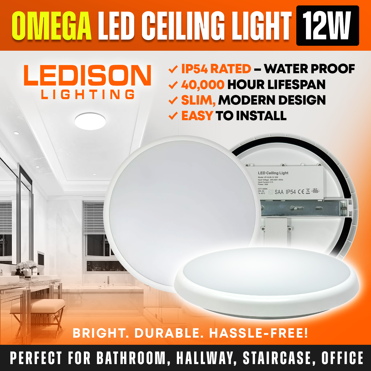 Omega LED Ceiling Fitting 12Watt. Water-Proof - White, Office, Staircase Lighting