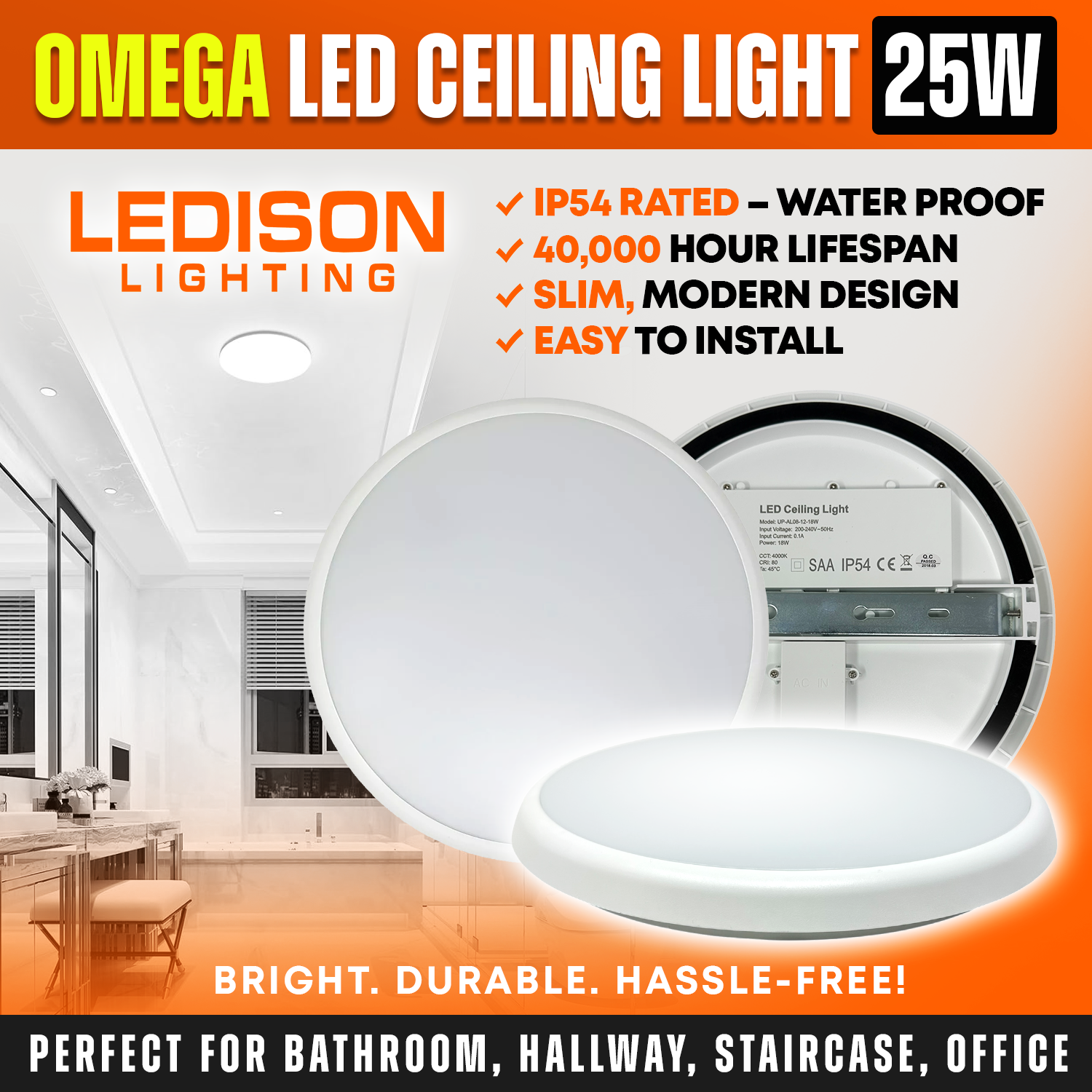 Omega LED Ceiling Fitting 25W. Tri-Colour. Options available.