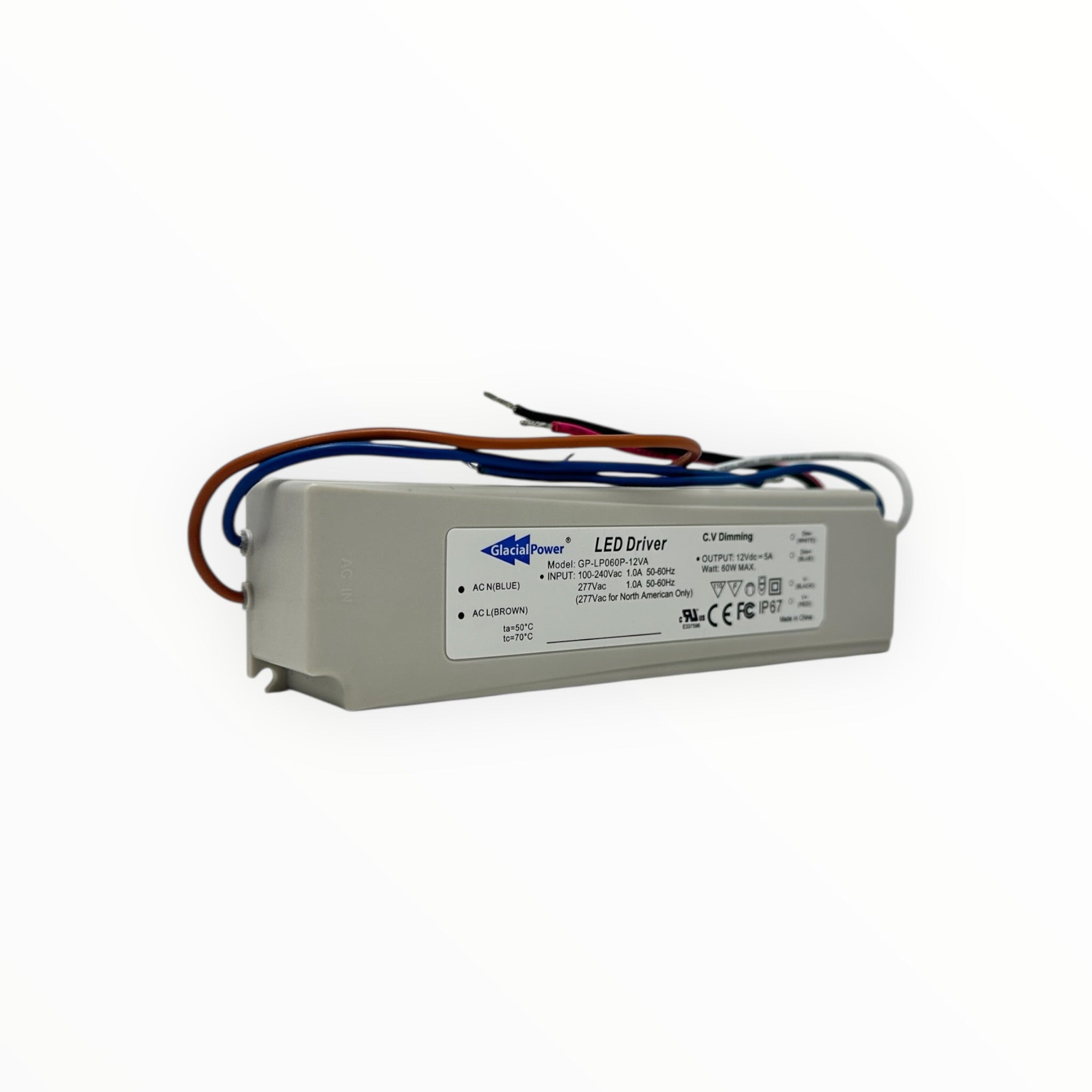 GlacialPower IP67 Waterproof 12V 60W LED Strip Driver 1-10V Dimmable CV