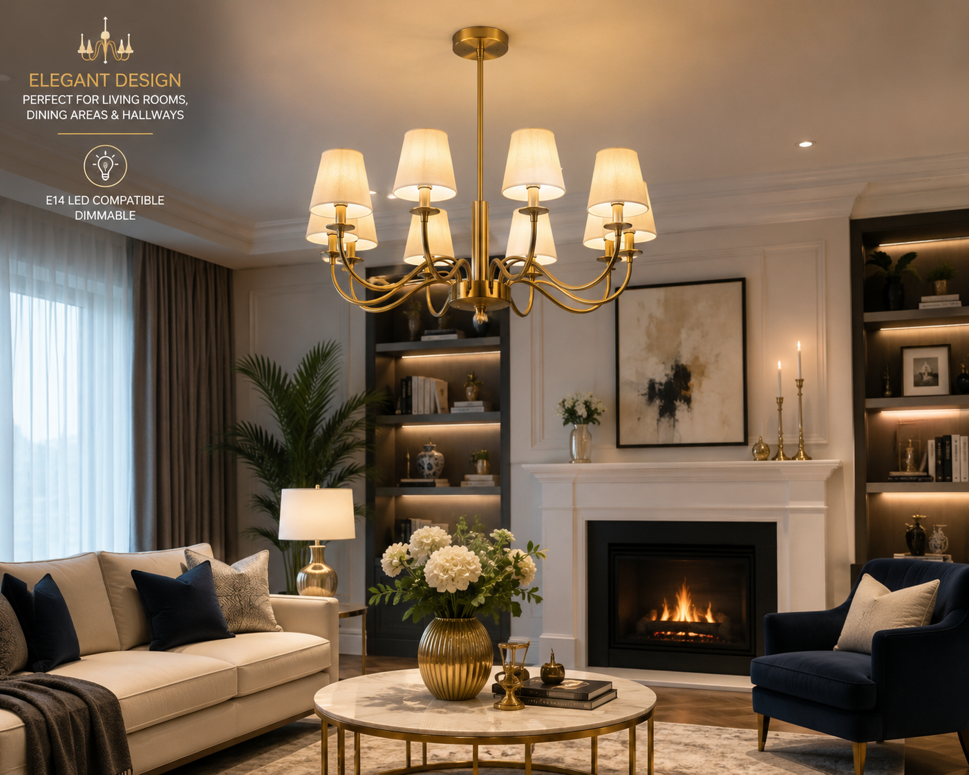 Aurelia Gold 8 Light Chandelier E14 Pendant Ceiling Light Fabric Shades Dimmable