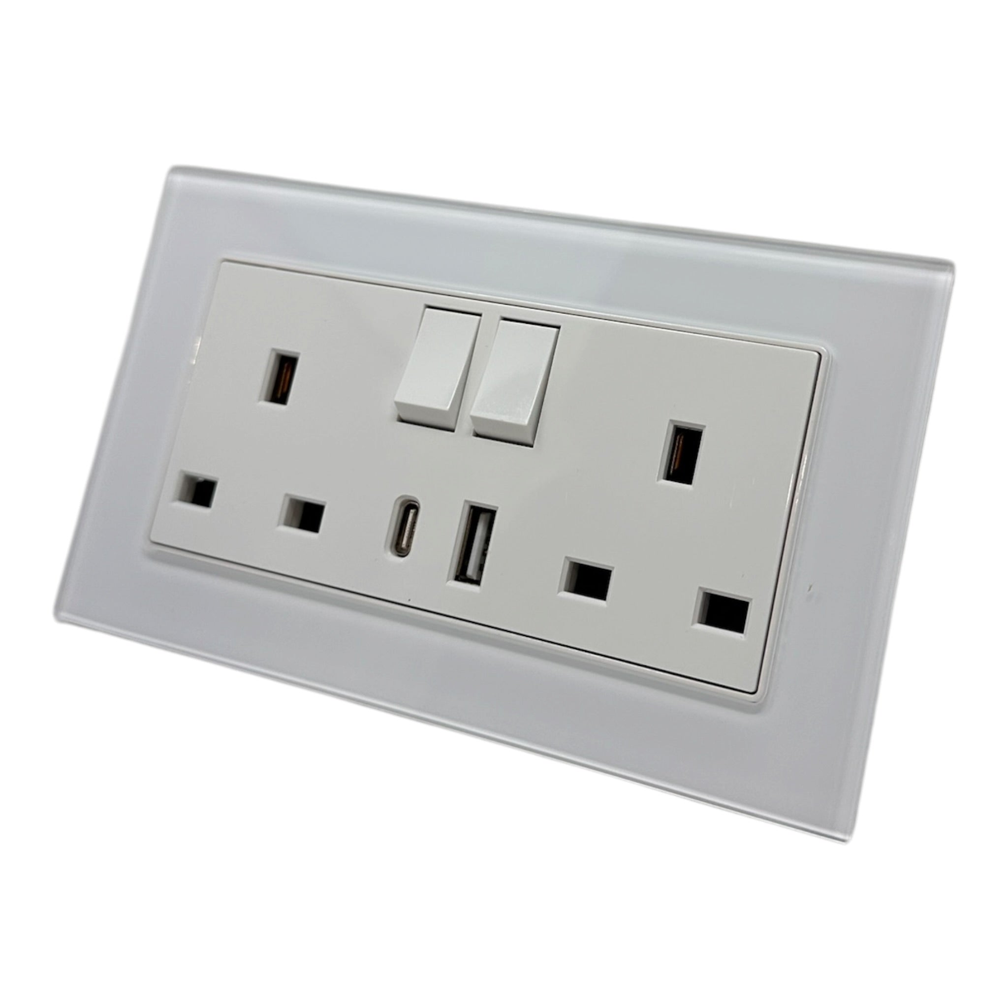 13A 2-Gang Switched Socket with 2 Outlet USB Type A & Type C - Tempered Glass