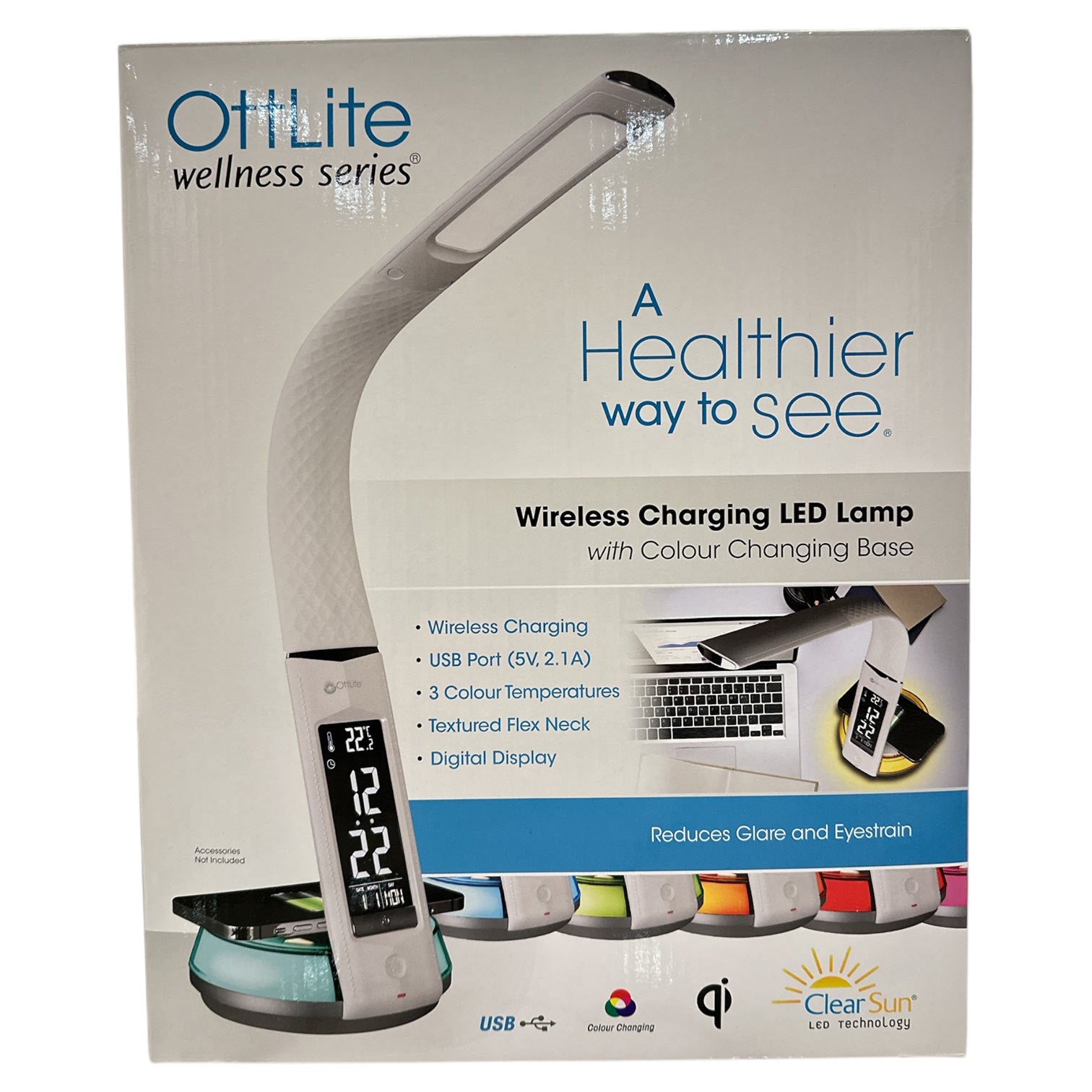 OttLite Wellness LED Desk Lamp Night Light Clock Thermometer & Wireless Charging Station Qi-enable