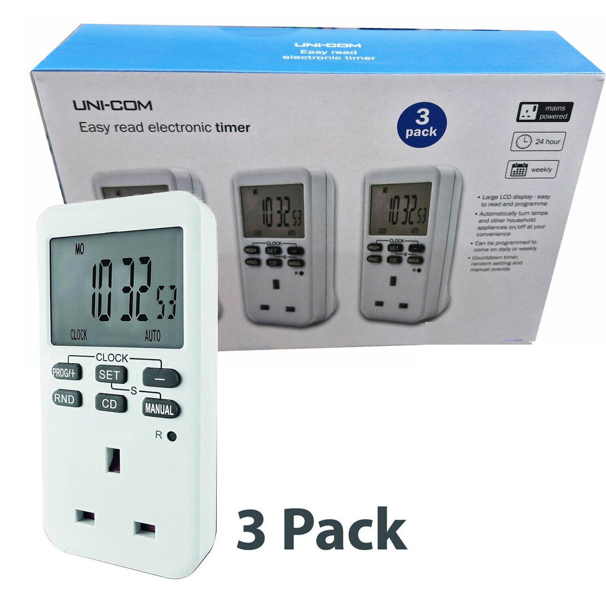 E Timer UNI-COM Easy Read Electronic Timer UK Socket Pack of 3 – Ledison Lighting