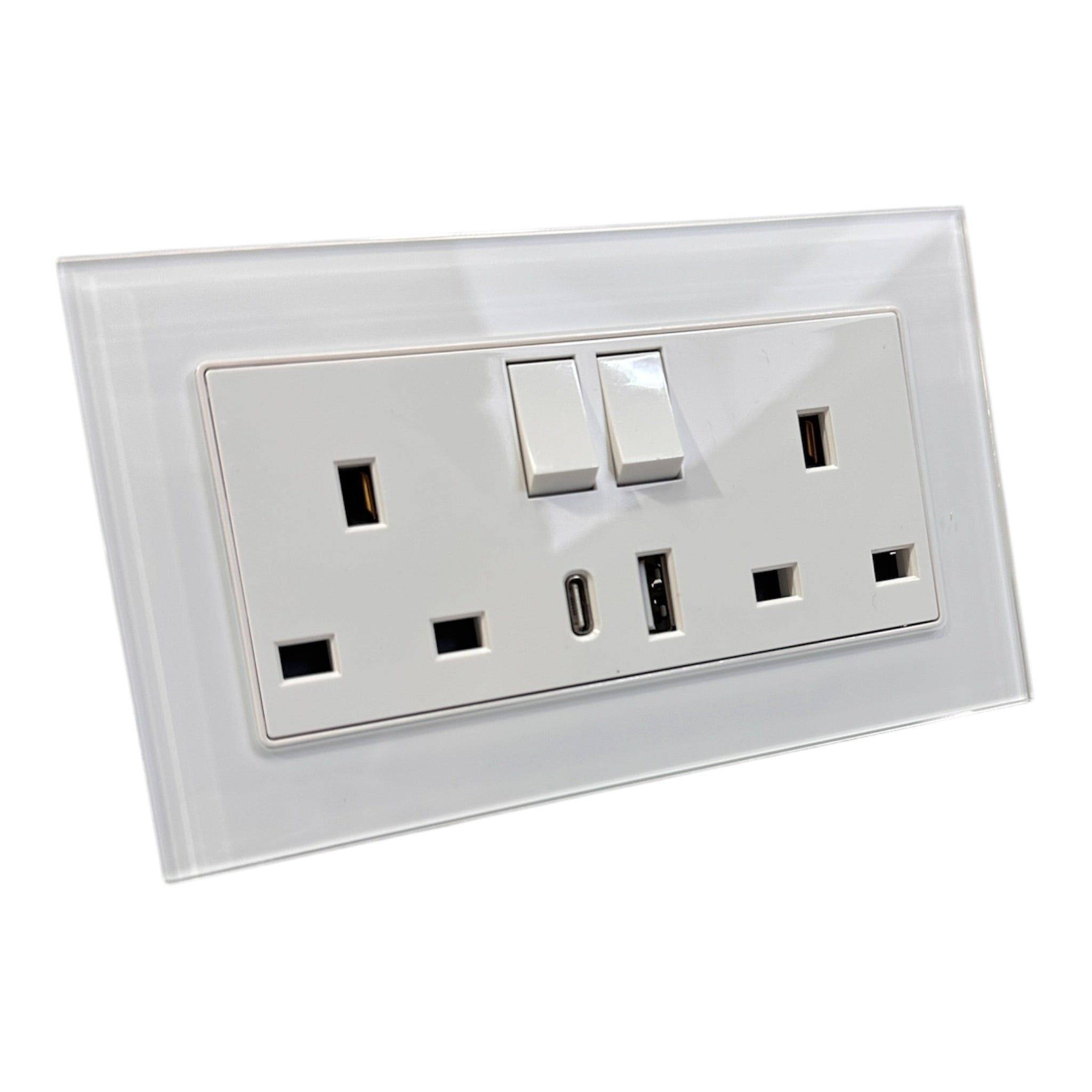 13A 2-Gang Switched Socket with 2 Outlet USB Type A & Type C - Tempered Glass